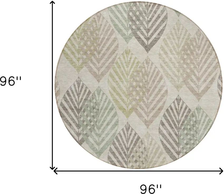 8' Beige Taupe And Artichoke Green Round Floral Washable Indoor Outdoor Area Rug Photo 9