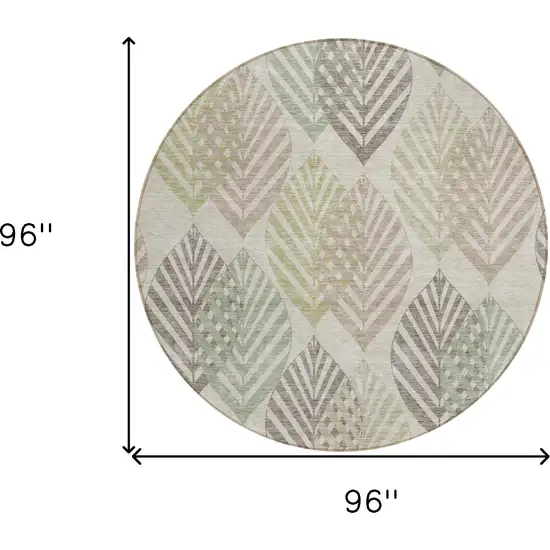8' Beige Taupe And Artichoke Green Round Floral Washable Indoor Outdoor Area Rug Photo 9