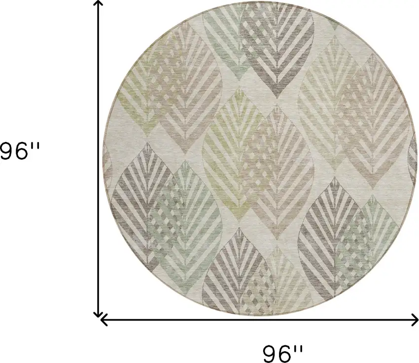 8' Beige Taupe And Artichoke Green Round Floral Washable Indoor Outdoor Area Rug Photo 9