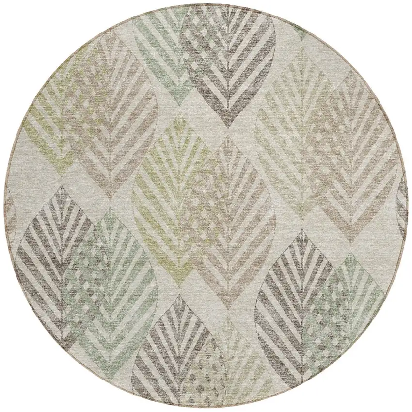 8' Beige Taupe And Artichoke Green Round Floral Washable Indoor Outdoor Area Rug Photo 6