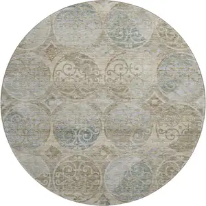 Photo of 8' Beige Taupe And Blue Medallion Washable Round Rug With UV Protection