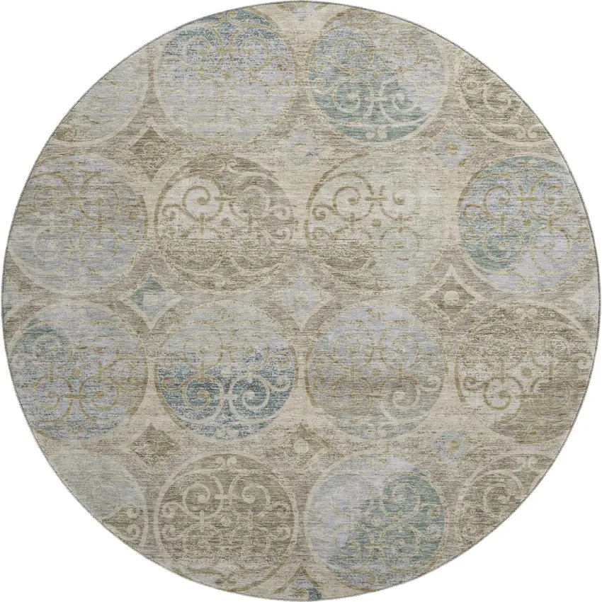 8' Beige Taupe And Blue Medallion Washable Round Rug With UV Protection Photo 1