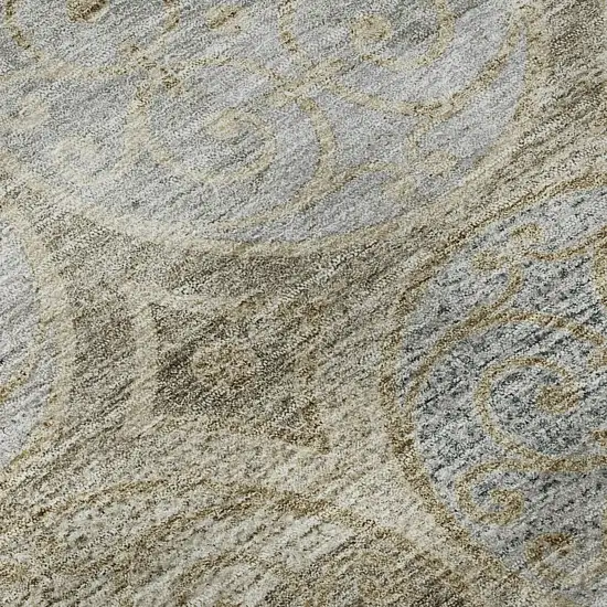 8' Beige Taupe And Blue Medallion Washable Round Rug With UV Protection Photo 9