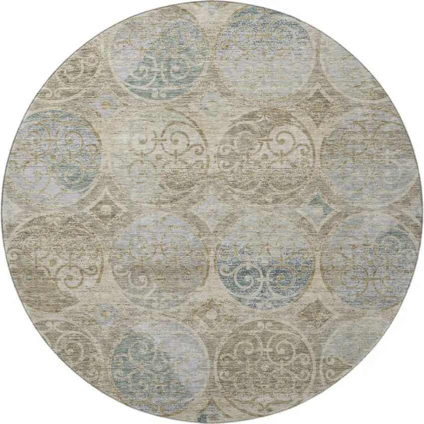 8' Beige Taupe And Blue Medallion Washable Round Rug With UV Protection Photo 4