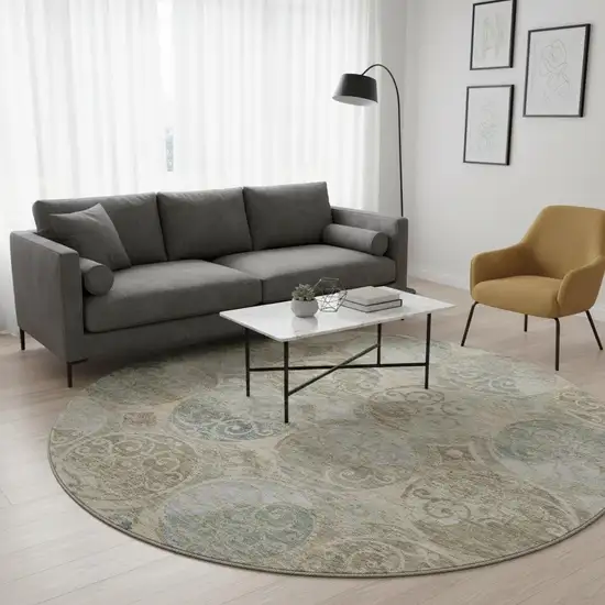 8' Beige Taupe And Blue Medallion Washable Round Rug With UV Protection Photo 2