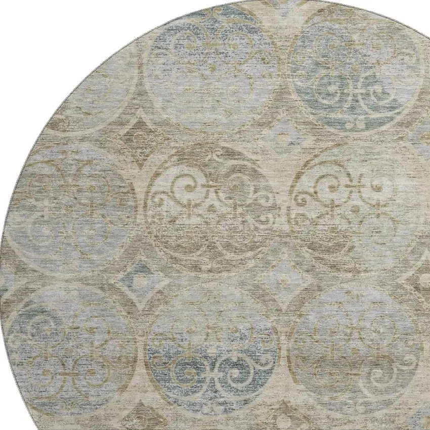 8' Beige Taupe And Blue Medallion Washable Round Rug With UV Protection Photo 3