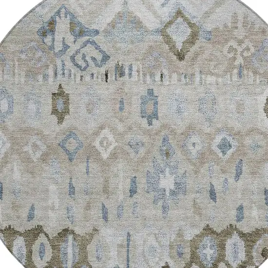 8' Beige Taupe And Blue Round Geometric Washable Indoor Outdoor Area Rug Photo 7