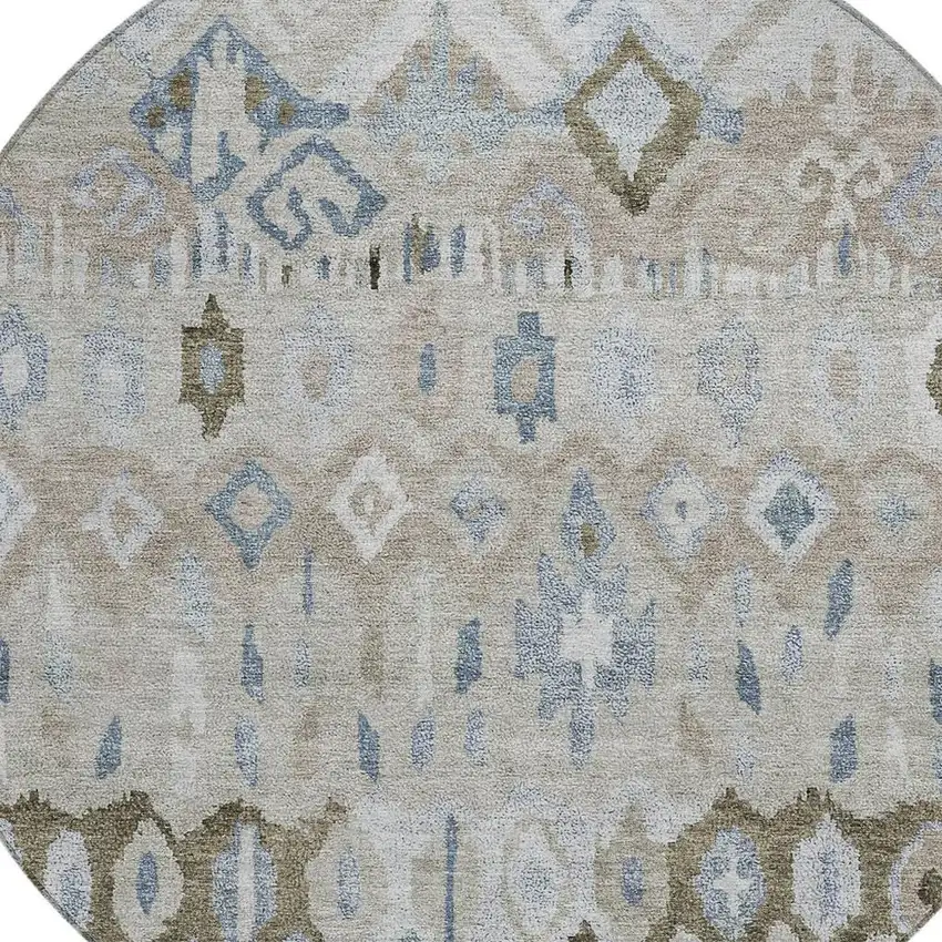 8' Beige Taupe And Blue Round Geometric Washable Indoor Outdoor Area Rug Photo 7