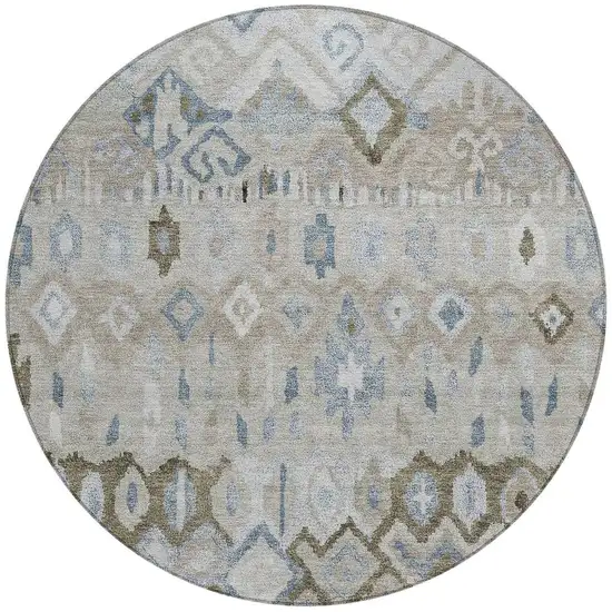 8' Beige Taupe And Blue Round Geometric Washable Indoor Outdoor Area Rug Photo 4