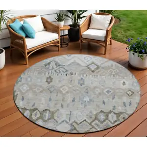 Photo of 8' Beige Taupe And Blue Round Geometric Washable Indoor Outdoor Area Rug