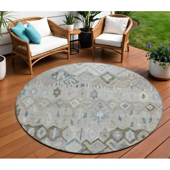 8' Beige Taupe And Blue Round Geometric Washable Indoor Outdoor Area Rug Photo 1