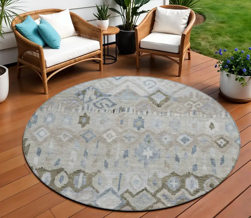 8' Beige Taupe And Blue Round Geometric Washable Indoor Outdoor Area Rug Photo 1