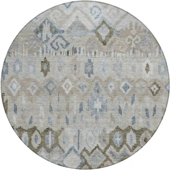 8' Beige Taupe And Blue Round Geometric Washable Indoor Outdoor Area Rug Photo 2