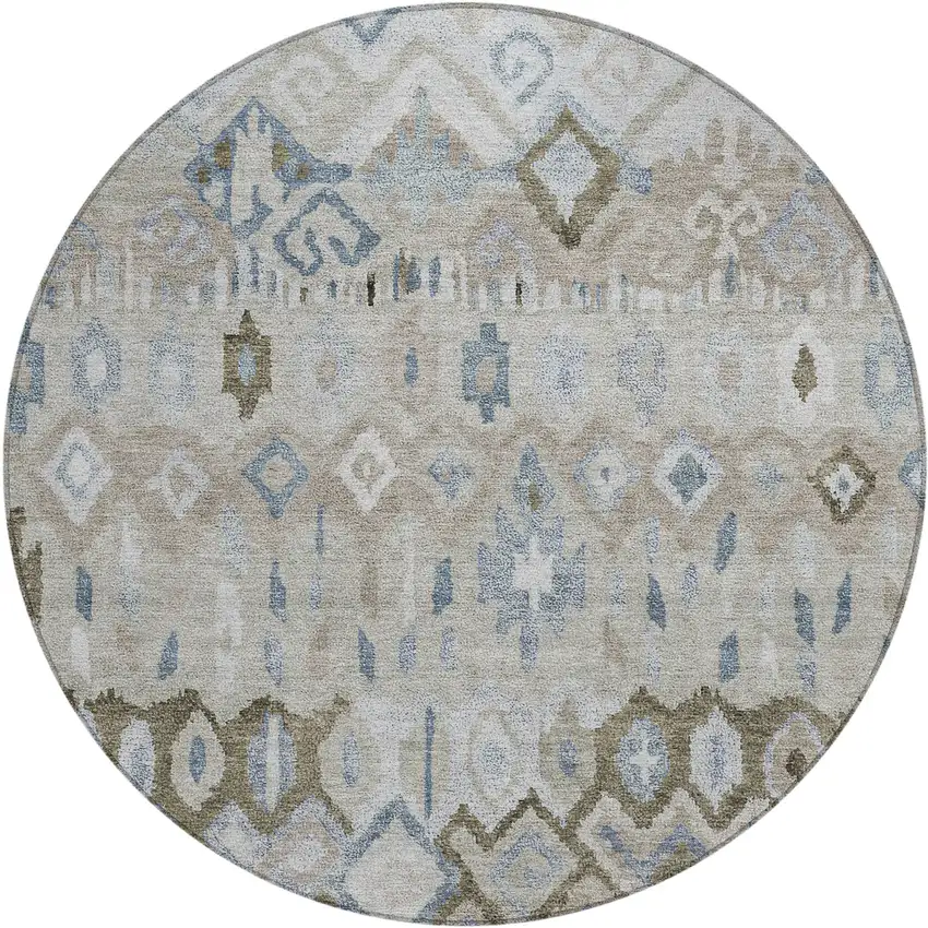 8' Beige Taupe And Blue Round Geometric Washable Indoor Outdoor Area Rug Photo 2