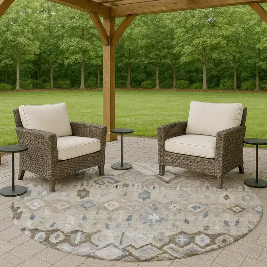 8' Beige Taupe And Blue Round Geometric Washable Indoor Outdoor Area Rug Photo 8