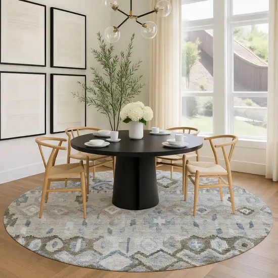 8' Beige Taupe And Blue Round Geometric Washable Indoor Outdoor Area Rug Photo 9