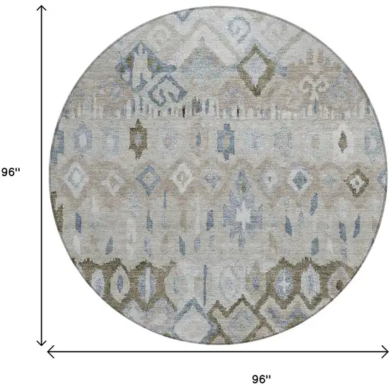 8' Beige Taupe And Blue Round Geometric Washable Indoor Outdoor Area Rug Photo 3
