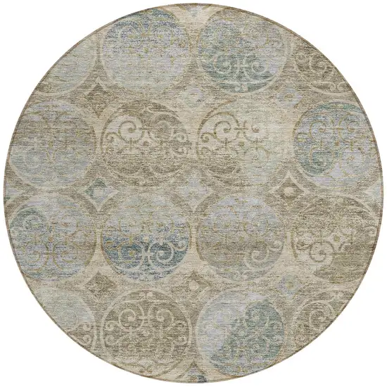 8' Beige Taupe And Blue Round Trellis Washable Indoor Outdoor Area Rug Photo 4