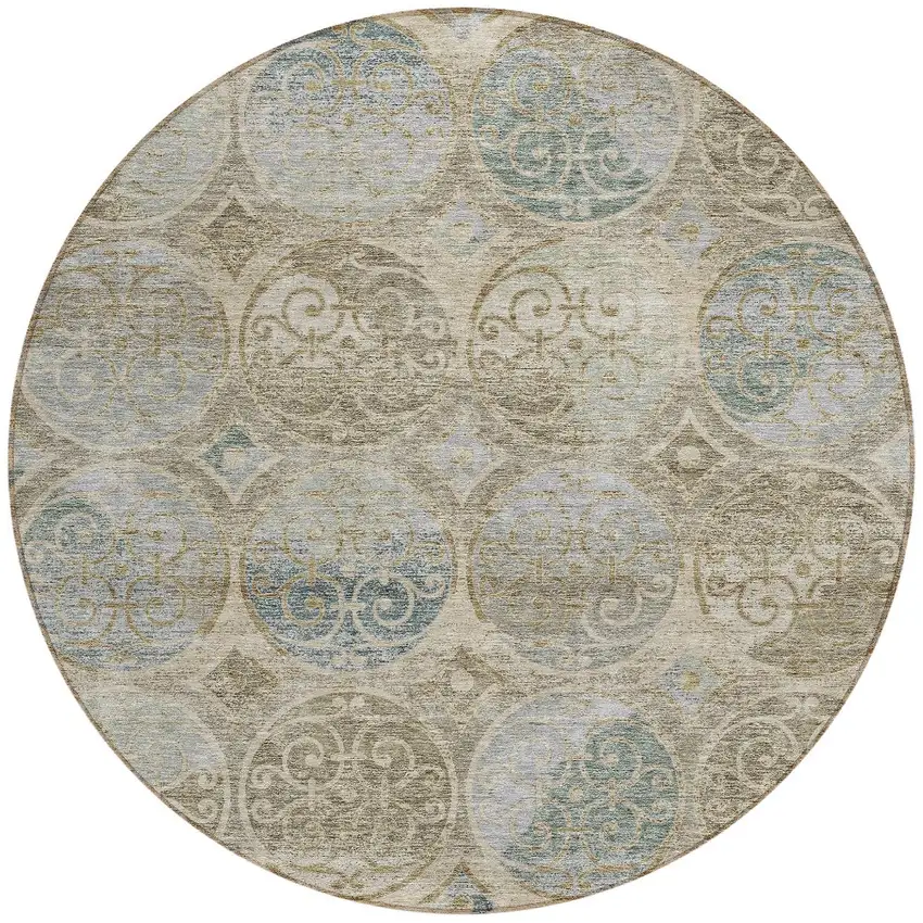 8' Beige Taupe And Blue Round Trellis Washable Indoor Outdoor Area Rug Photo 4