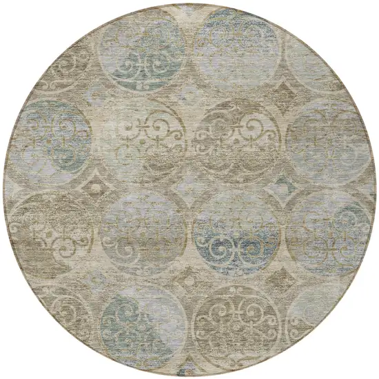 8' Beige Taupe And Blue Round Trellis Washable Indoor Outdoor Area Rug Photo 5