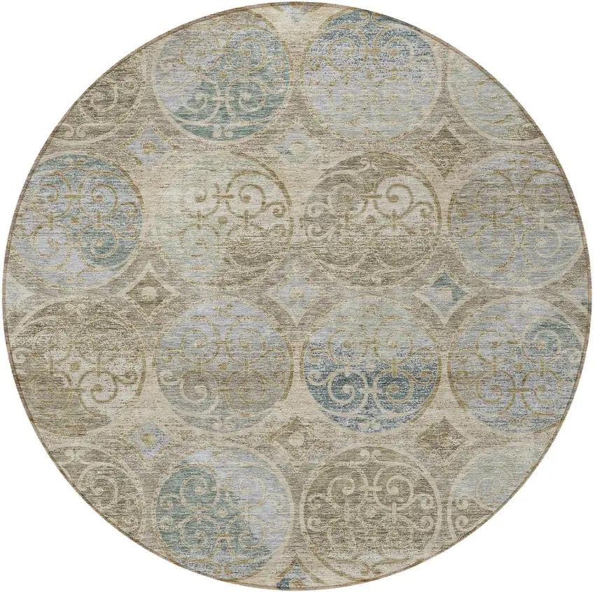 8' Beige Taupe And Blue Round Trellis Washable Indoor Outdoor Area Rug Photo 5