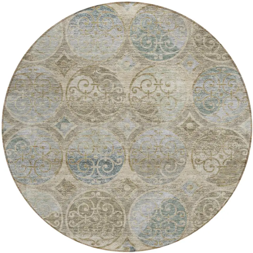 8' Beige Taupe And Blue Round Trellis Washable Indoor Outdoor Area Rug Photo 1