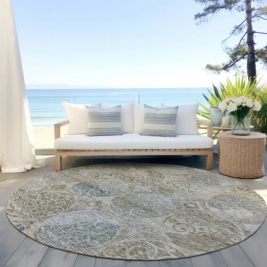 8' Beige Taupe And Blue Round Trellis Washable Indoor Outdoor Area Rug Photo 6