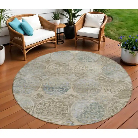 8' Beige Taupe And Blue Round Trellis Washable Indoor Outdoor Area Rug Photo 1