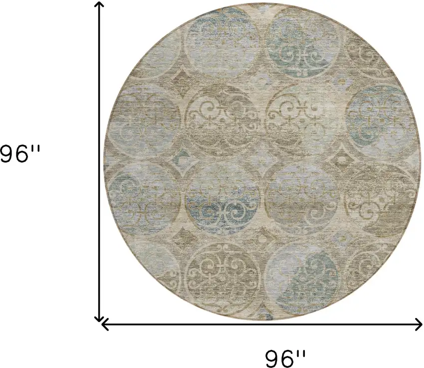 8' Beige Taupe And Blue Round Trellis Washable Indoor Outdoor Area Rug Photo 3