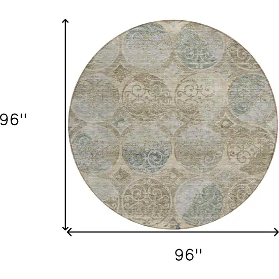 8' Beige Taupe And Blue Round Trellis Washable Indoor Outdoor Area Rug Photo 3