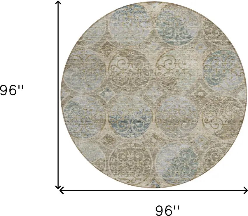 8' Beige Taupe And Blue Round Trellis Washable Indoor Outdoor Area Rug Photo 3