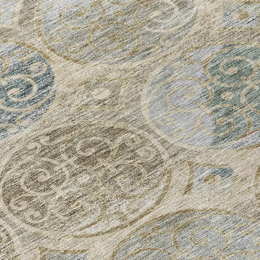 8' Beige Taupe And Blue Round Trellis Washable Indoor Outdoor Area Rug Photo 8