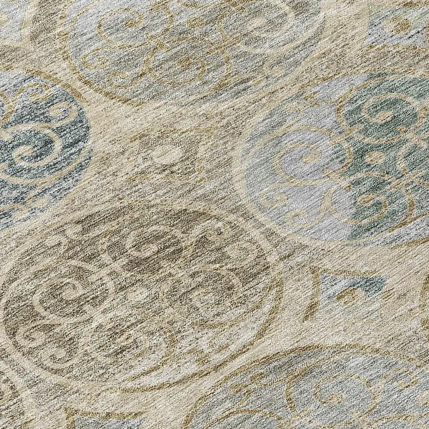 8' Beige Taupe And Blue Round Trellis Washable Indoor Outdoor Area Rug Photo 8