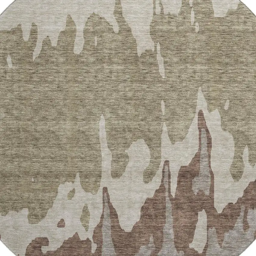8' Beige Taupe And Brown Abstract Washable Round Rug With UV Protection Photo 2
