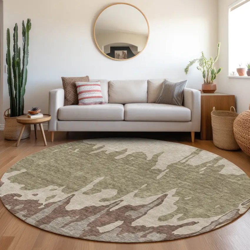 8' Beige Taupe And Brown Abstract Washable Round Rug With UV Protection Photo 4