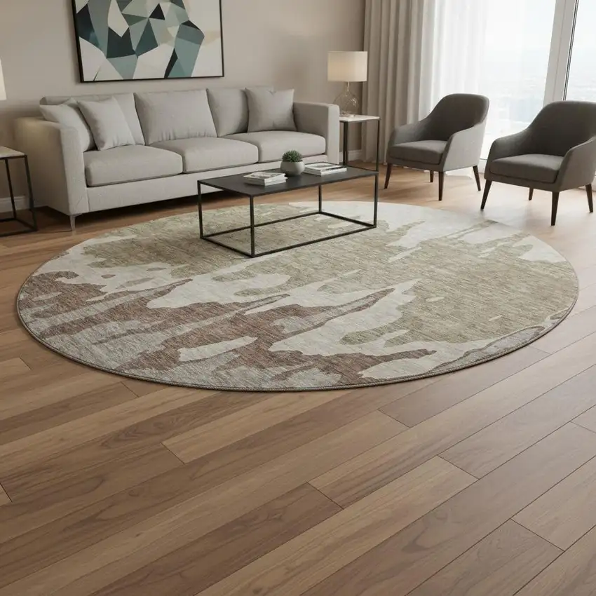 8' Beige Taupe And Brown Abstract Washable Round Rug With UV Protection Photo 2