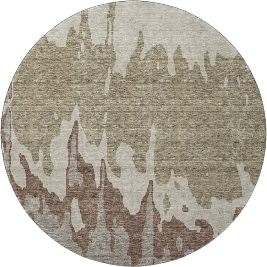 8' Beige Taupe And Brown Abstract Washable Round Rug With UV Protection Photo 3