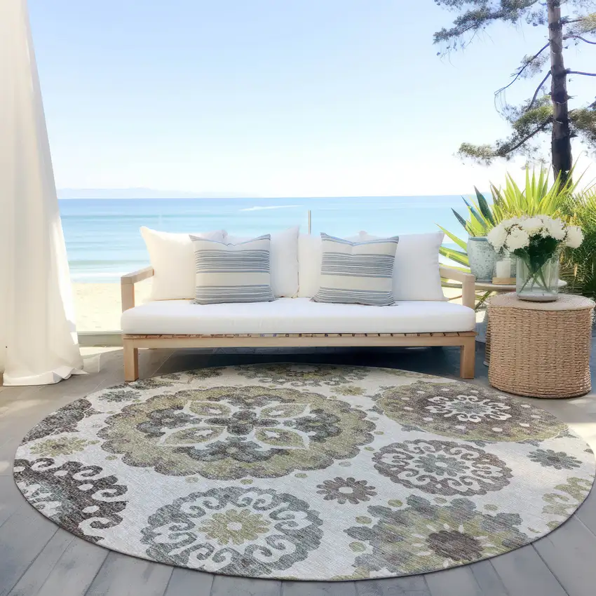 8' Beige Taupe And Brown Round Floral Medallion Washable Indoor Outdoor Area Rug Photo 6