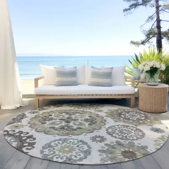 8' Beige Taupe And Brown Round Floral Medallion Washable Indoor Outdoor Area Rug Photo 6
