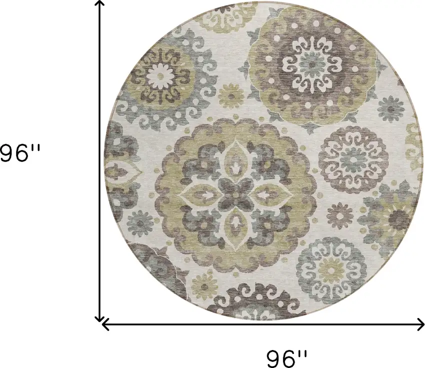 8' Beige Taupe And Brown Round Floral Medallion Washable Indoor Outdoor Area Rug Photo 8