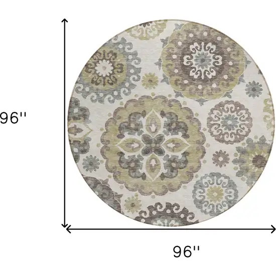 8' Beige Taupe And Brown Round Floral Medallion Washable Indoor Outdoor Area Rug Photo 8