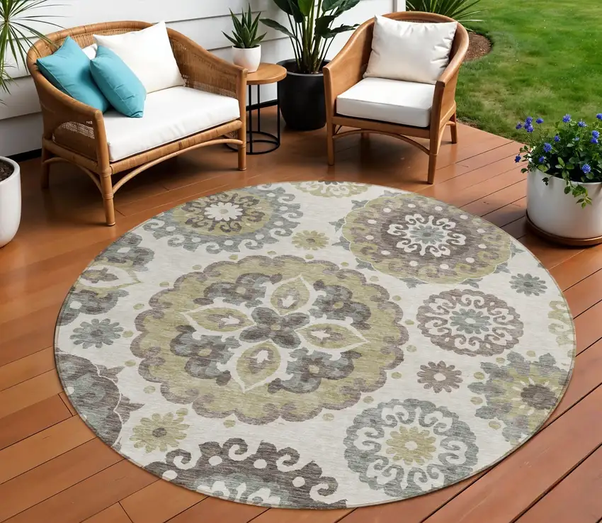 8' Beige Taupe And Brown Round Floral Medallion Washable Indoor Outdoor Area Rug Photo 1