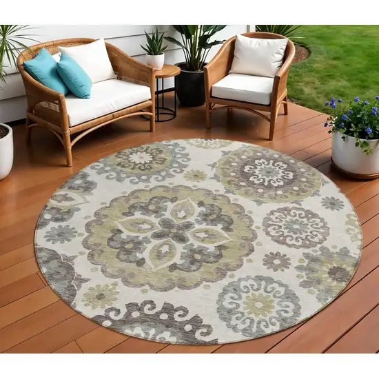 8' Beige Taupe And Brown Round Floral Medallion Washable Indoor Outdoor Area Rug Photo 1