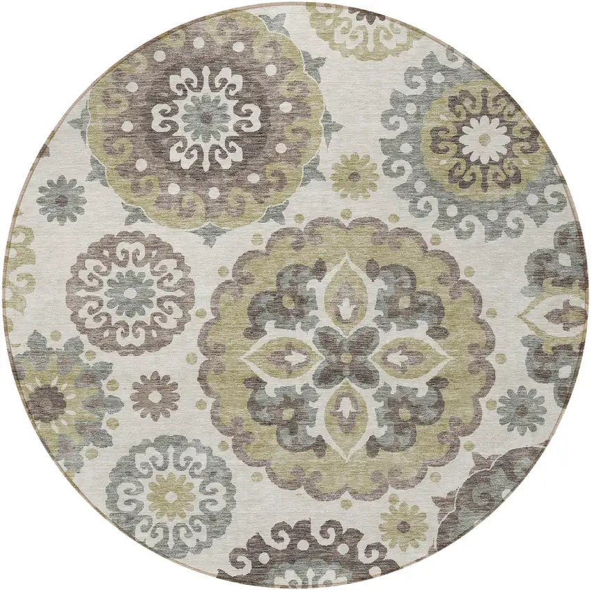 8' Beige Taupe And Brown Round Floral Medallion Washable Indoor Outdoor Area Rug Photo 5