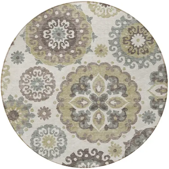 8' Beige Taupe And Brown Round Floral Medallion Washable Indoor Outdoor Area Rug Photo 5
