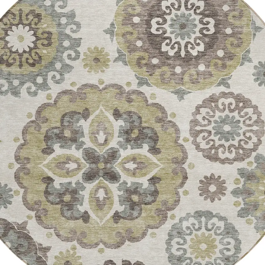 8' Beige Taupe And Brown Round Floral Medallion Washable Indoor Outdoor Area Rug Photo 4