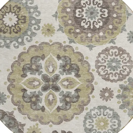 8' Beige Taupe And Brown Round Floral Medallion Washable Indoor Outdoor Area Rug Photo 4
