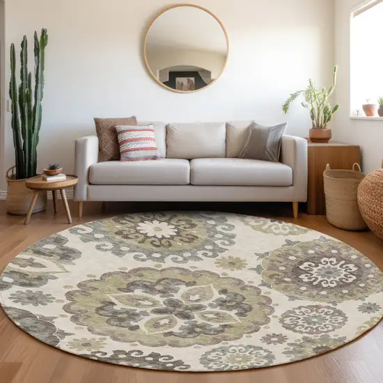 8' Beige Taupe And Brown Round Floral Medallion Washable Indoor Outdoor Area Rug Photo 7