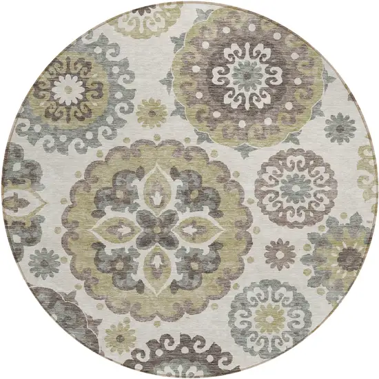 8' Beige Taupe And Brown Round Floral Medallion Washable Indoor Outdoor Area Rug Photo 1