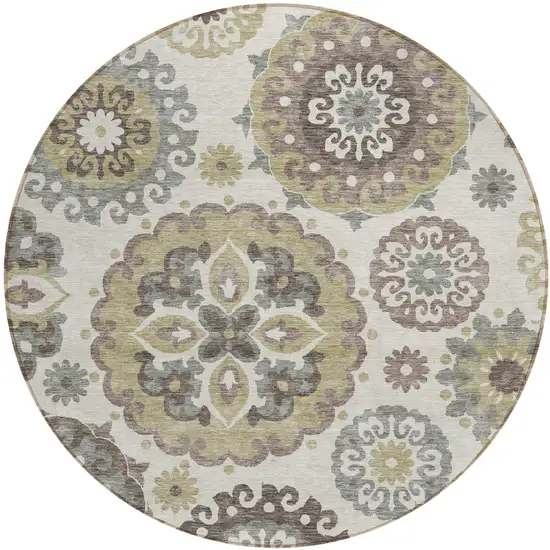8' Beige Taupe And Brown Round Floral Medallion Washable Indoor Outdoor Area Rug Photo 1